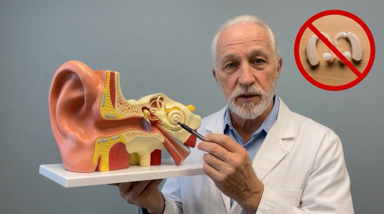 Dr. Rennard pointing to the cochlea on an ear model beside crossed-out hearing aids