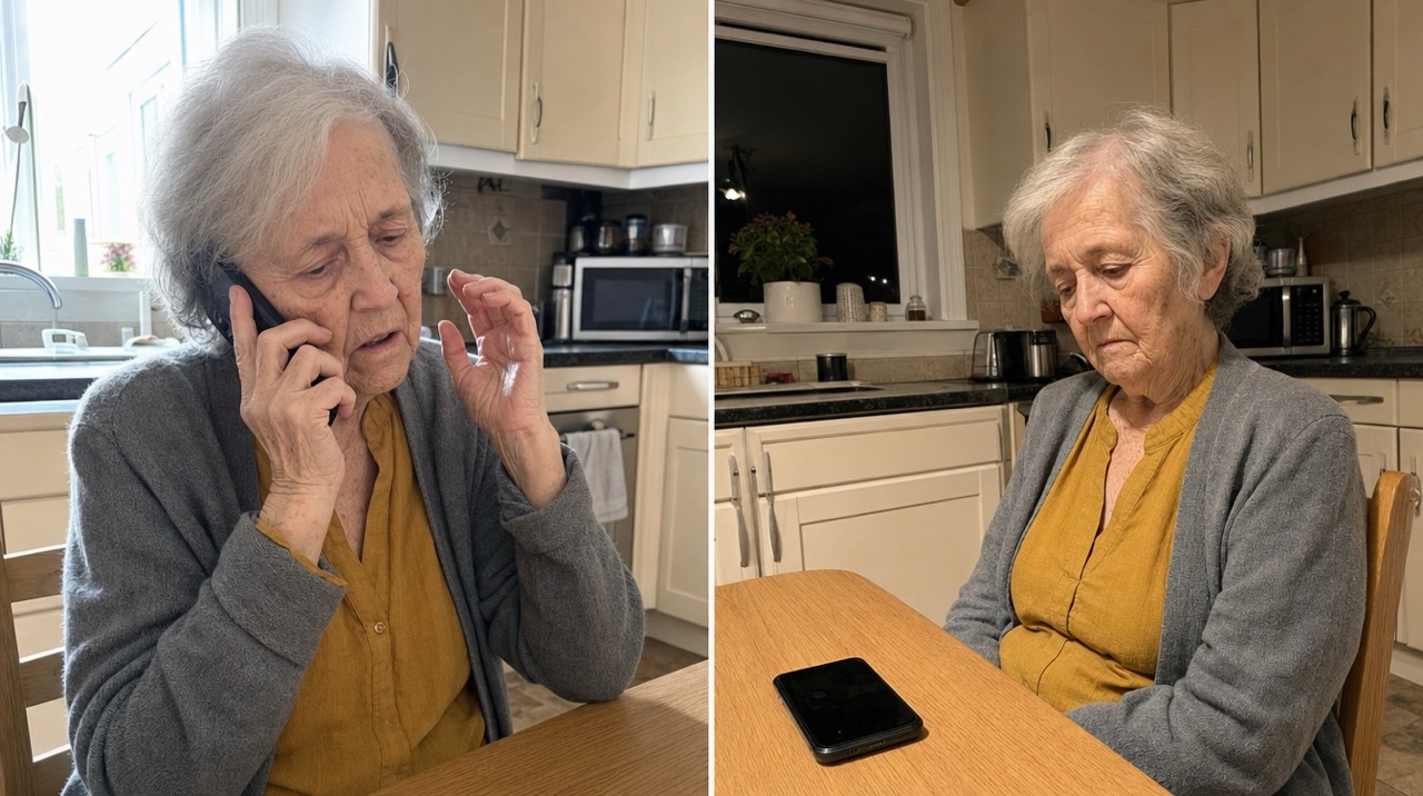 Margaret struggling on the phone and sitting alone at the kitchen table later that night