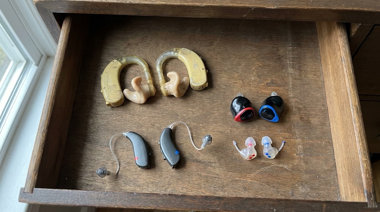 Several old hearing aids and earpieces lying unused in a wooden drawer