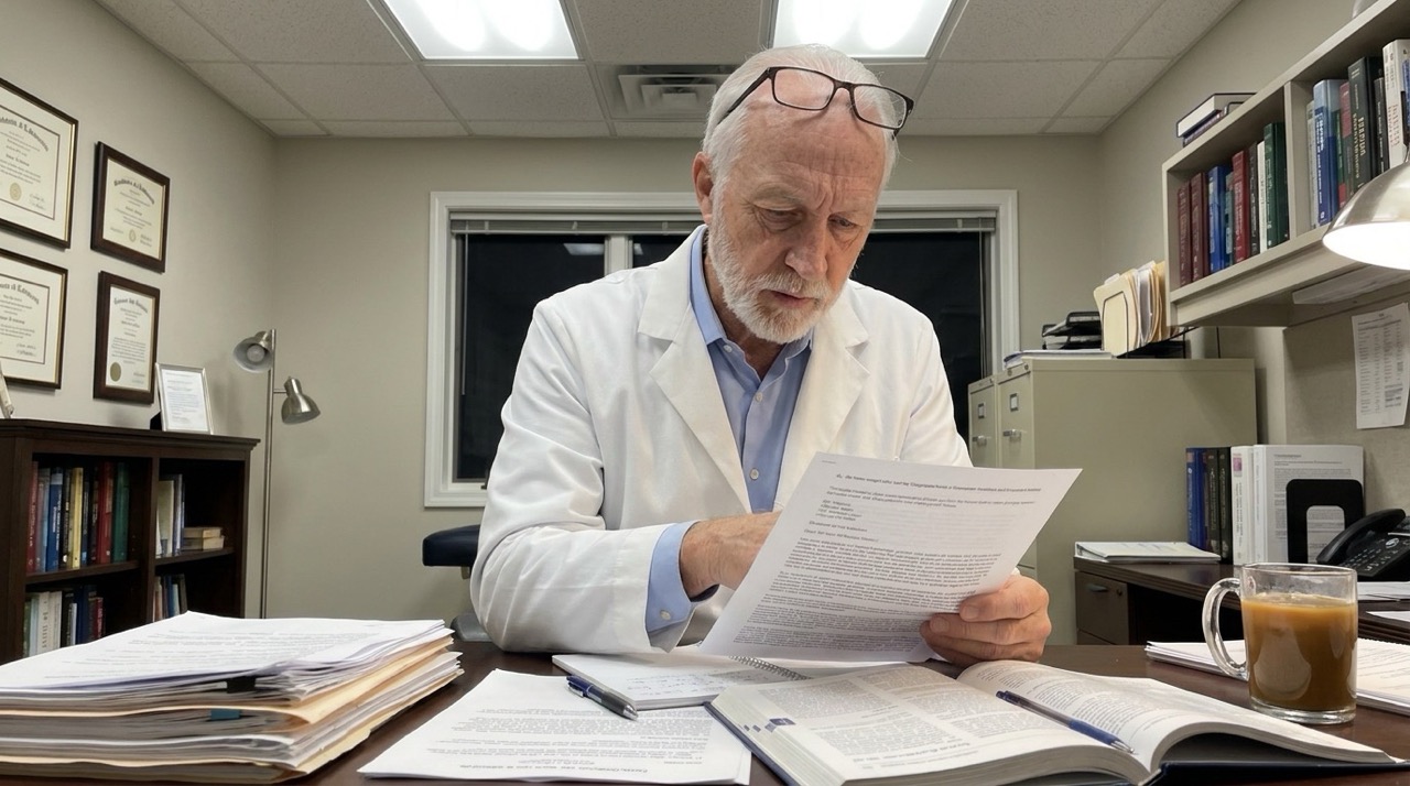Dr. Rennard studying research papers late at night in his office