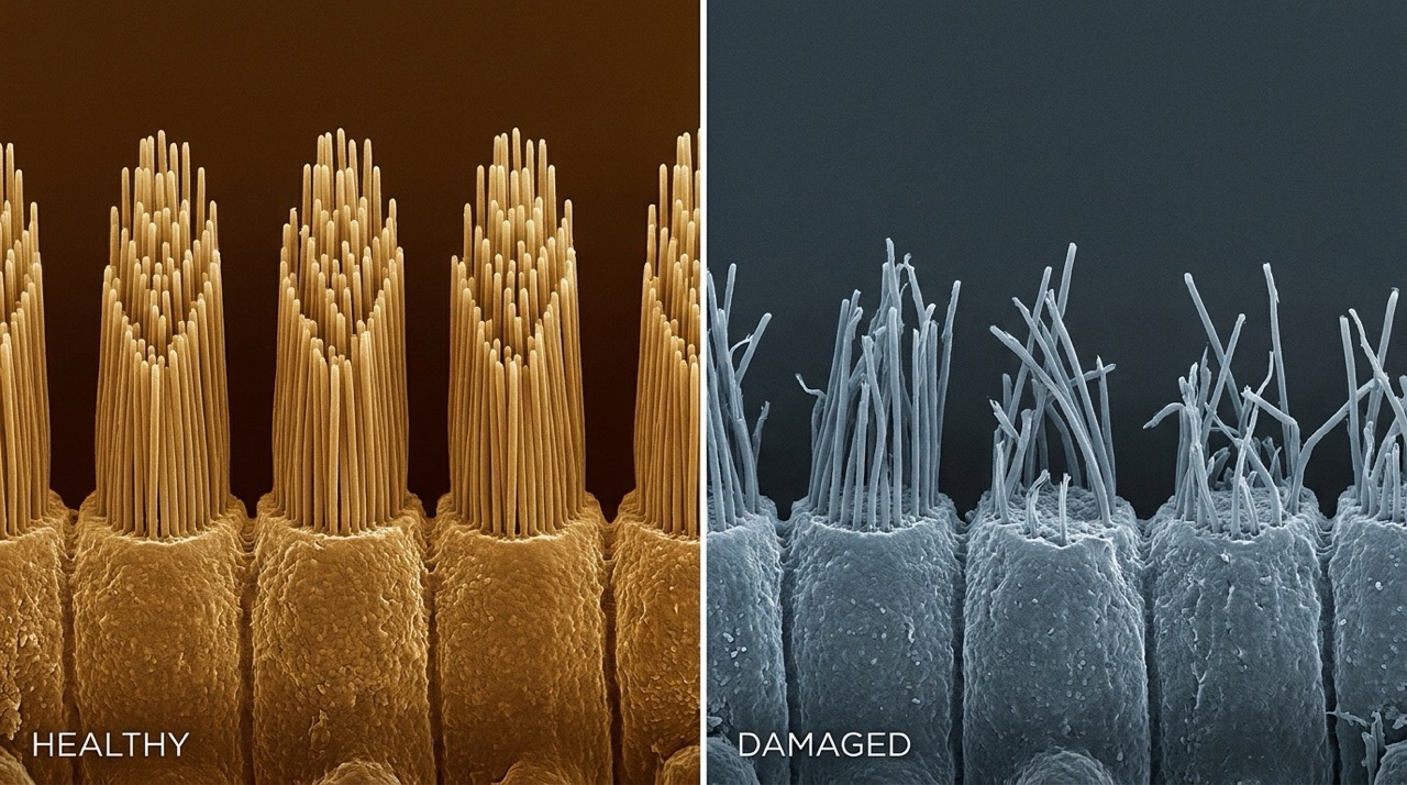 Healthy inner-ear hair cells compared with damaged hair cells
