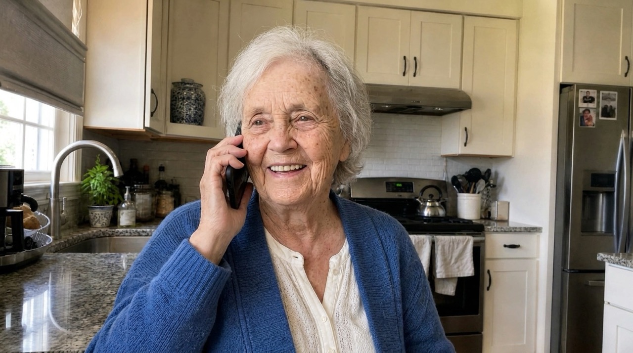 Margaret smiling while speaking clearly on the phone in her kitchen