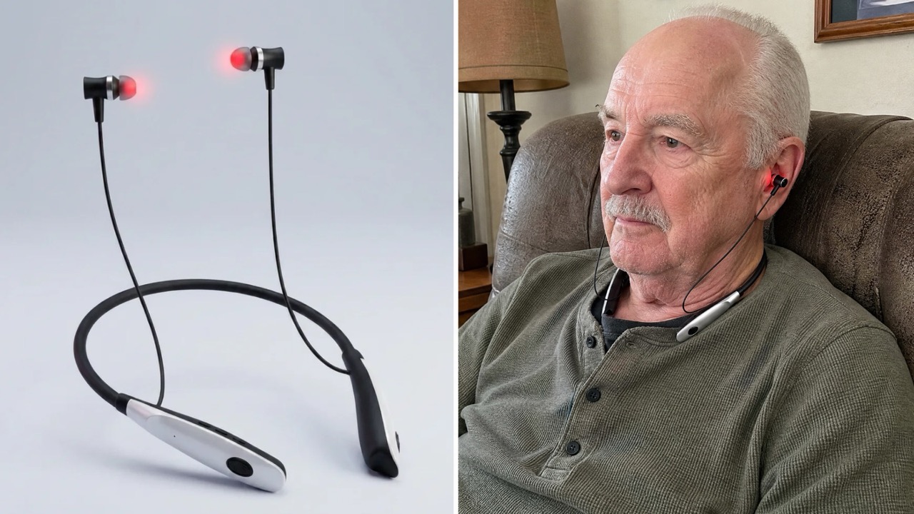 Aurivo ReHears device beside a senior wearing it at home