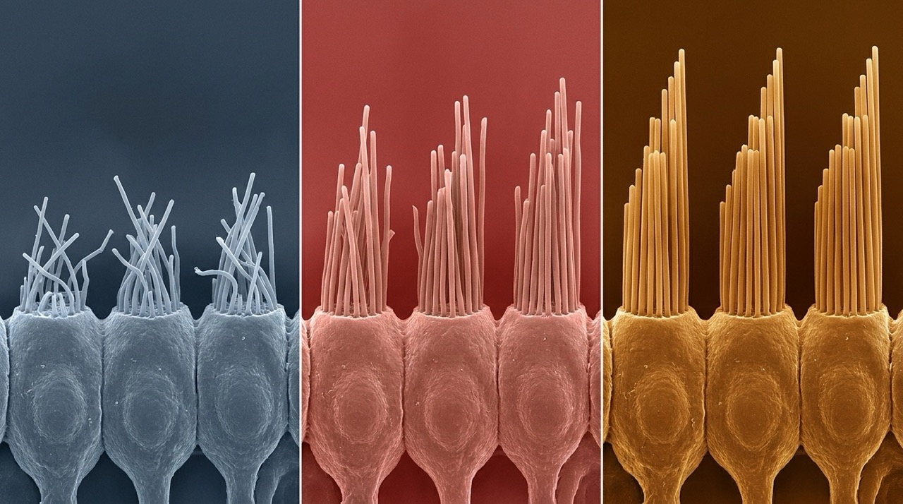 Damaged inner-ear hair cells progressing toward healthier restored cells