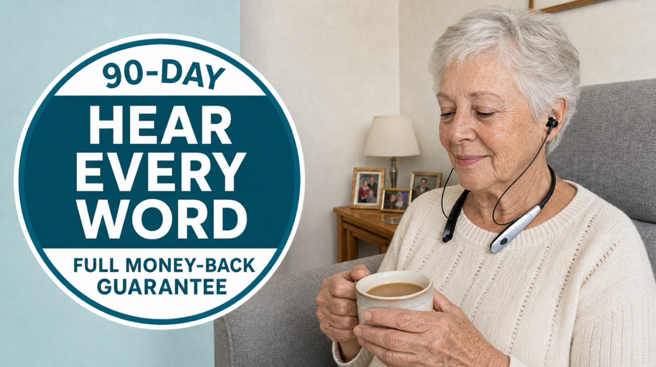90-day Hear Every Word money-back guarantee beside a ReHears user