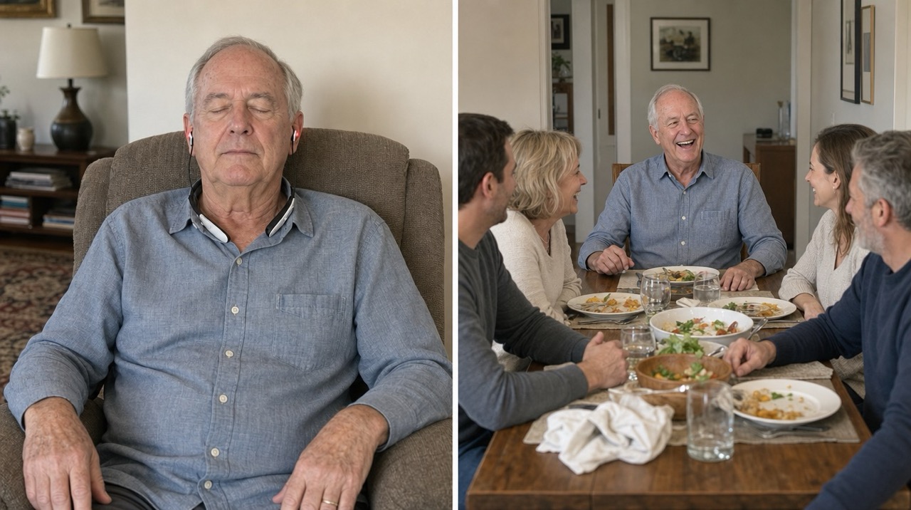 A senior relaxing with ReHears before reconnecting at a family dinner