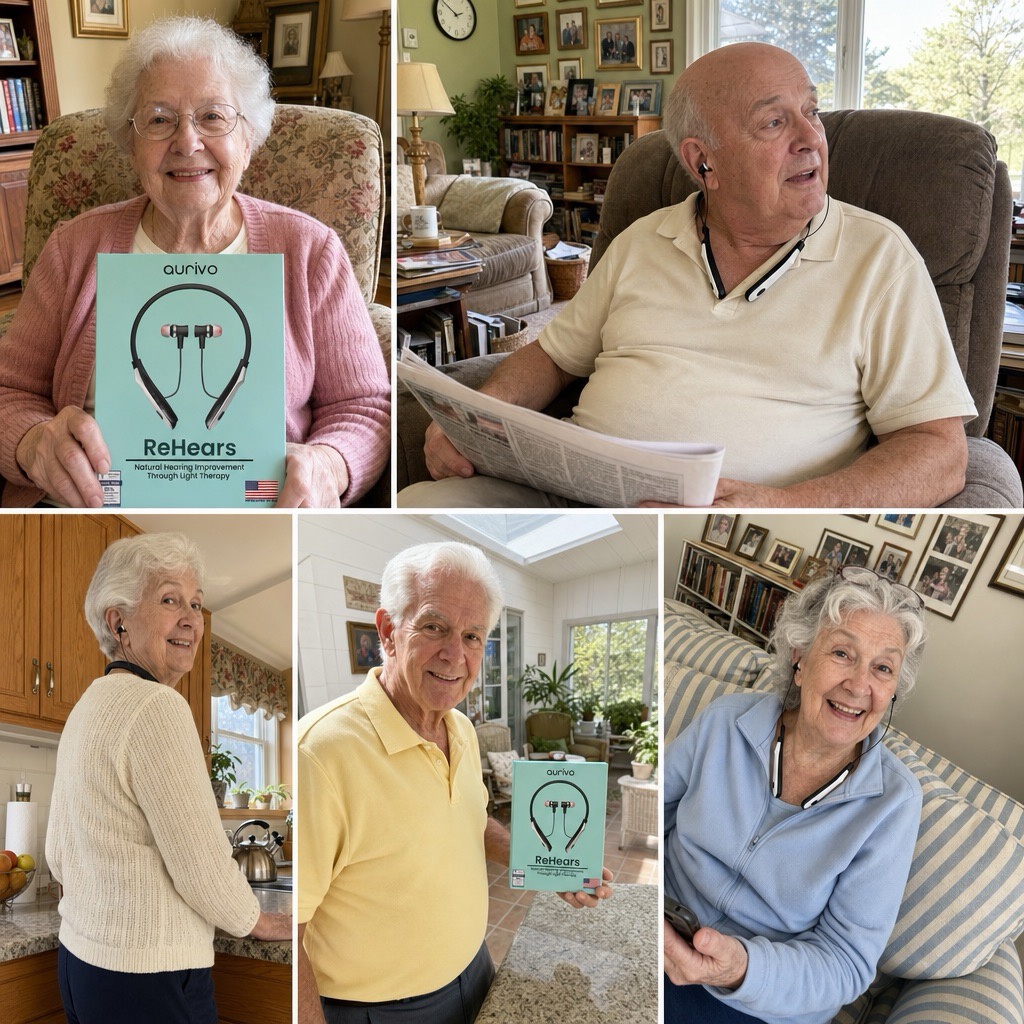 Five ReHears customers using the device or holding its packaging at home