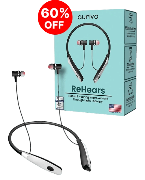Aurivo ReHears device and packaging with a 60 percent off badge